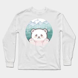 Cute cub polar bear say hi character design with snowflake background. Vector illustration Long Sleeve T-Shirt